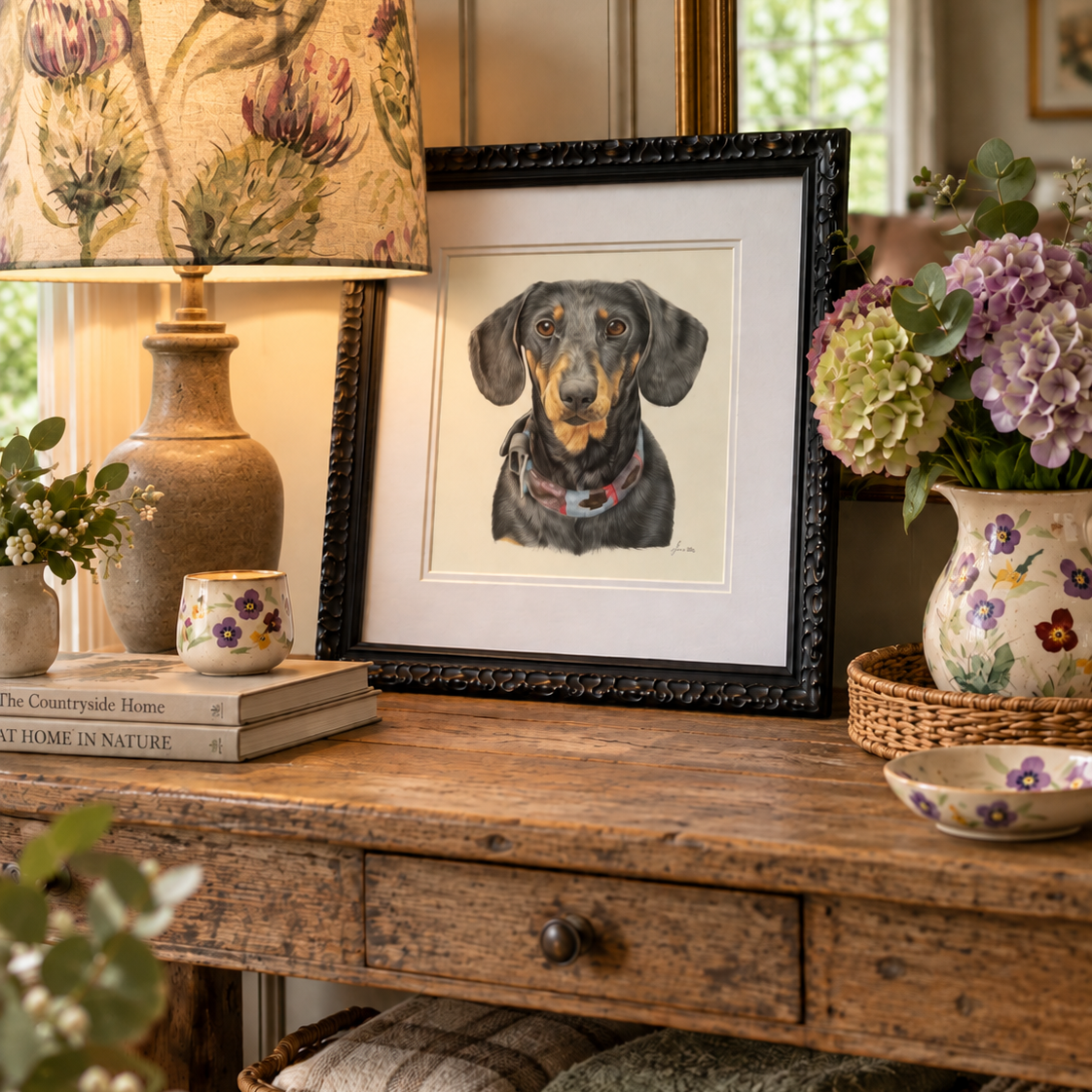 A framed portrait print of a black-and-tan dachshund dog, displayed on a rustic wooden console table in a styled home interior, surrounded by a lamp, flowers, Emma Bridgewater, books, and woven baskets.