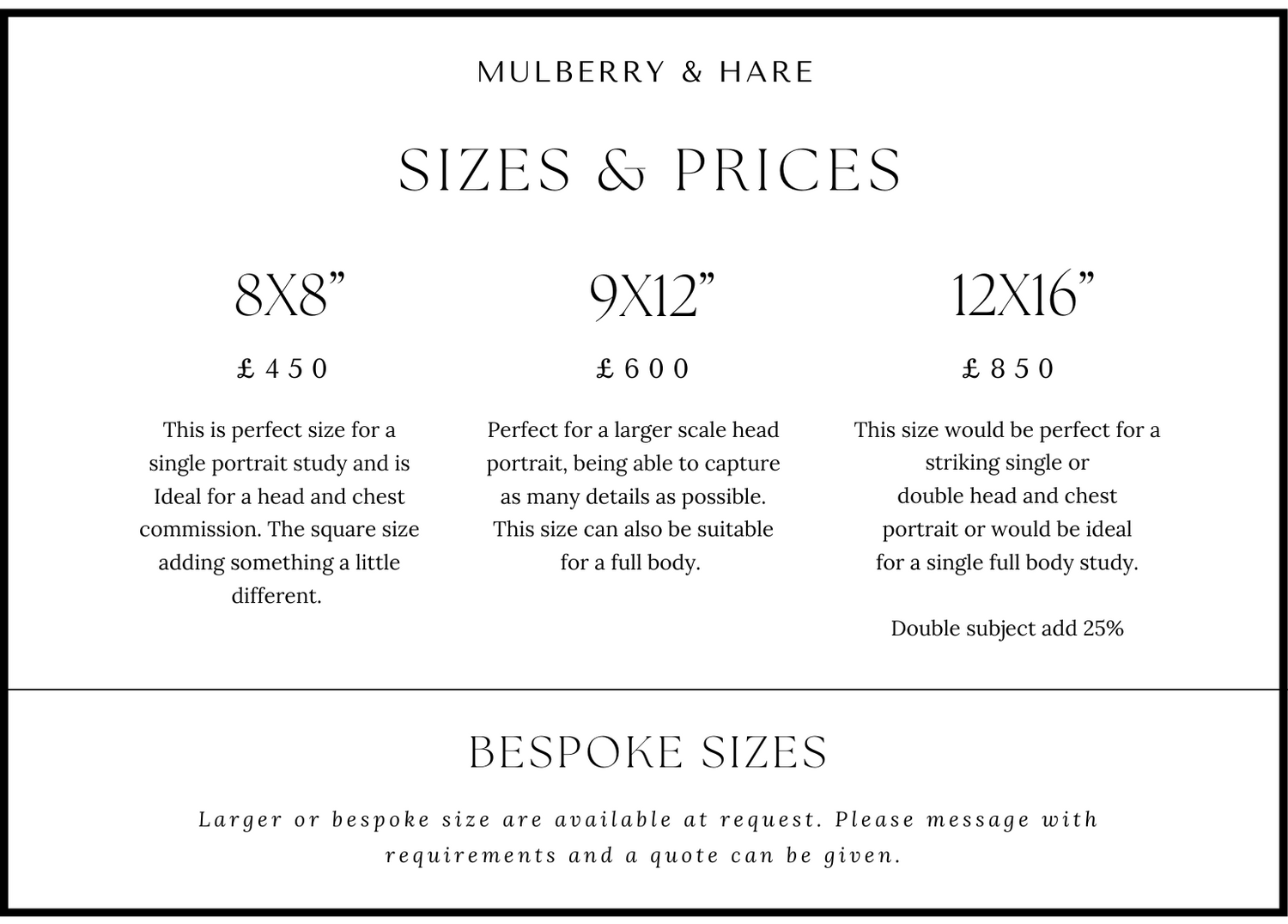 A size and price list for pet portrait commission by Mulberry & Hare, showing dimensions and costs for 8x8 inches, 9x12 inches, and 12x16 inches, plus information for bespoke sizes.